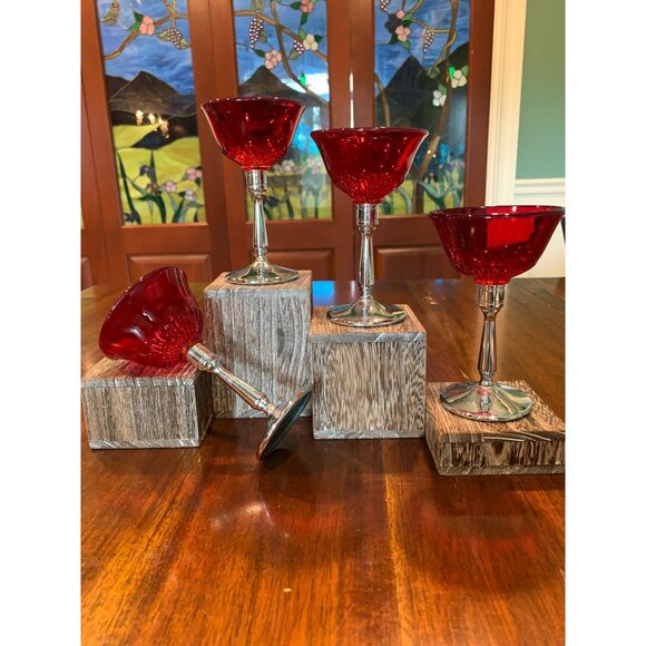 Vintage Cambridge Tally Ho Ruby Red And Chrome Liquor Glasses. 1930s - Picture 10 of 15